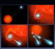 This four-panel graphic based on data from NASA's Hubble's Space Telescope illustrates how the binary-star system V Hydrae is launching balls of plasma into space.