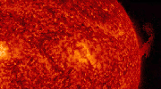 A prominence observed along the right edge of the sun rose up and then most of it bent back down to the surface, as seen by NASA's Solar Dynamics Observatory on Oct. 4, 2016.