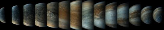 This sequence of enhanced-color images shows how quickly the viewing geometry changes for NASA's Juno spacecraft as it swoops by Jupiter. The images were obtained by JunoCam.