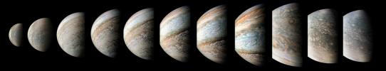 This sequence of color-enhanced images shows how quickly the viewing geometry changes for NASA's Juno spacecraft as it swoops by Jupiter. The images were obtained by JunoCam.