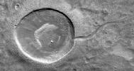 This image from NASA's Mars Reconnaissance Orbiter (MRO) shows an impact crater looking amusingly like a tadpole because of the valley that was carved by water that used to fill it.