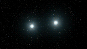 This image from an animation shows the merger of two white dwarfs. A white dwarf is an extremely dense remnant of a star that can no longer burn nuclear fuel at its core.