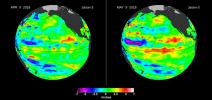 This image from the U.S./European Jason-3 satellite shows a comparison of sea surface height with respect to the seasonal cycle and the long-term trend between April 9 and May 9, 2018.