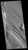 This image from NASA's Mars Odyssey shows part of Medusa Fossae. Winds have eroded materials in this region, creating ridges and valleys aligned with the direction of the wind.