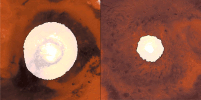 This image shows a side-by-side comparison from from NASA two infrared instruments of CO2 ice at the north (left) and south (right) Martian poles over the course of a typical year (two Earth years).