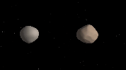 Artist's concept of what binary asteroid 2017 YE5 might look like. The two objects showed striking differences in radar reflectivity, which could indicate that they have different surface properties.