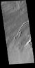This image from NASA's Mars Odyssey shows part of the southwestern flank of Pavonis Mons. The channel and nearby oval depressions are both related to the flow of lava. Narrow lava flows can create channels.