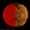 NASA's Solar Dynamics Observatory shows two images taken at virtually the same time but in different wavelengths of extreme ultraviolet light.