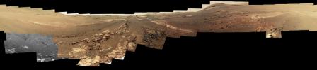This image is an edited version of the last 360-degree panorama taken by the Opportunity rover's Pancam from May 13 through June 10, 2018. The version of the scene is presented in approximate true color.