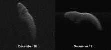 These two radar images of near-Earth asteroid 2003 SD220 were obtained on Dec. 18 and 19. The radar images reveal the asteroid is at least one mile (1.6 kilometers) long.