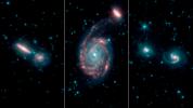 These three images, by NASA's Spitzer Space Telescope, show merging galaxies observed for the Great Observatories All-sky LIRG Survey, or GOALS.