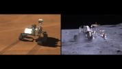 Side-by-side images depict NASA's Curiosity rover (left) and a moon buggy driven during the Apollo 16 mission.