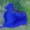 NASA's Terra spacecraft shows Lake St. Clair connects Lake Huron, via the St. Clair River, to Lake Erie, via the Detroit River.