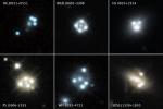 Each snapshot shows four distorted images of a background quasar, surrounding the core of a massive foreground galaxy. The gravity of the foreground galaxy magnifies the quasar, an effect called gravitational lensing.