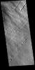 This image from NASA's Mars Odyssey shows part of the southwestern flank of Pavonis Mons. Pavonis Mons is the central volcano of the three large Tharsis volcanoes.