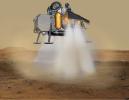 In this illustration of a Mars sample return mission concept, a lander carrying a fetch rover touches down on the surface of Mars.