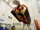 The Sentinel-6A spacecraft sits in its clean room in Germany's IABG space test center, being prepared for a scheduled launch in November 2020 from Vandenberg Air Force Base in California.