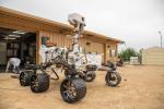 The full-scale engineering model of NASA's Perseverance rover has put some dirt on its wheels at NASA's Jet Propulsion Laboratory in Southern California.