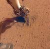 NASA's InSight retracted its robotic arm on Oct. 3, 2020, revealing where the spike-like mole is trying to burrow into Mars. In the coming months, the arm will scrape and tamp down soil on top of the mole to help it dig.