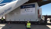 A shipping container containing the Sentinel-6 Michael Freilich satellite is removed from an aircraft at Vandenberg Air Force Base in California on Sept. 24, 2020, after its two-day journey from an IABG engineering facility near Munich, Germany.