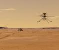 This illustration depicts Mars Helicopter Ingenuity during a test flight on Mars.