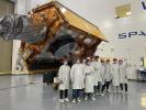 The Sentinel-6 Michael Freilich satellite undergoes final preparations in a clean room at Vandenberg Air Force Base in California for an early November launch.