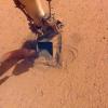 The mole, a heat probe that traveled to Mars aboard NASA's InSight lander, as it looked after hammering on Jan. 9, 2021. After trying since Feb. 28, 2019, to bury the probe, the mission team called an end to their efforts.
