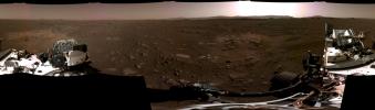 This panorama, taken on Feb. 20, 2021, by the Navigation Cameras, or Navcams, aboard NASA's Perseverance Mars rover, was stitched together from six individual images after they were sent back to Earth.