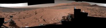 NASA's Curiosity Mars rover took this 360-degree panorama while atop Mont Mercou, a rock formation that offered a view into Gale Crater below. The panorama is stitched together from 132 individual images taken on April 15, 2021.
