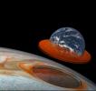 This illustration combines an image of Jupiter from the JunoCam instrument aboard NASA's Juno spacecraft with a composite image of Earth to depict the size and depth of Jupiter's Great Red Spot.