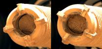 This pair of images shows two cylinders of rock the size of classroom chalk inside the drill of NASA's Perseverance rover from an outcrop called Wildcat Ridge in Mars' Jezero Crater.