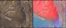 These annotated images show two views of the Séítah geologic unit of Mars' Jezero Crater.