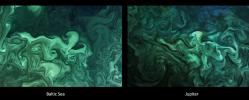 The left image shows a close-up of a phytoplankton blooming in the southern Gulf of Bothnia, in the Baltic Sea. The right image shows turbulent clouds in Jupiter's atmosphere.