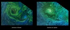 Left to right: A phytoplankton bloom in the Norwegian Sea, and turbulent clouds in Jupiter's atmosphere.