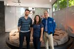 Actor Chris Evans, NASA's Perseverance Mars rover Surface Mission Manager Jessica Samuels, and NASA astronaut Tom Marshburn are seen in front of the rover model at the agency's Jet Propulsion Laboratory in Southern California on June 6, 2022.