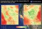 The San Joaquin Valley, CA image shows the Evaporative Stress Index over the San Joaquin Valley on May 22, 2022 where many fields show high ESI values that indicate low plant stress whereas low ESI values indicate high plant stress.