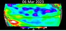 This animation shows Kelvin waves moving across the equatorial Pacific Ocean from west to east during March and April, 2023. The signals can be an early sign of El Niño, and were detected by the Sentinel-6 Michael Freilich satellite.