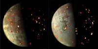 These composite views depicting volcanic activity on Io were generated using both visible light and infrared data collected by NASA's Juno spacecraft during flybys of the Jovian moon on Dec. 14, 2022 (left) and March 1, 2023.