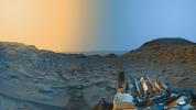 NASA's Curiosity Mars rover used its navigation cameras to capture panoramas of Marker Band Valley at two times of day on April 8, 2023. Color was added to a combination of both panoramas.