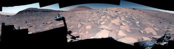 NASA's Curiosity captured this 360-degree view of a challenging Martian slope that had a steep incline, slippery sand, and wheel-size boulders. This mosaic is composed of 145 images taken by the rover's Mastcam June 27, 2023.