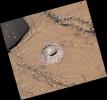 NASA's Curiosity Mars rover used the drill on the end of its robotic arm to collect a sample from a rock nicknamed Sequoia on Oct. 17, 2023. The rover's Mastcam captured this image.