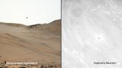 This image shows two perspectives of the 59th flight of NASA's Ingenuity Mars Helicopter. The image on the left was captured by the Mastcam-Z on NASA's Perseverance Mars rover; the black-and-white image on the right was taken by Ingenuity.