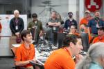 Ingenuity team lead Josh Anderson and project manager Teddy Tzanetos react during the final shift for engineers working on NASA's Ingenuity Mars Helicopter at the agency's Jet Propulsion Laboratory on April 16, 2024.