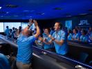 Mission members celebrate during the successful launch of NASA's Europa Clipper spacecraft on Oct. 14, 2024, in the Mission Support Area at NASA's Jet Propulsion Laboratory in Southern California.